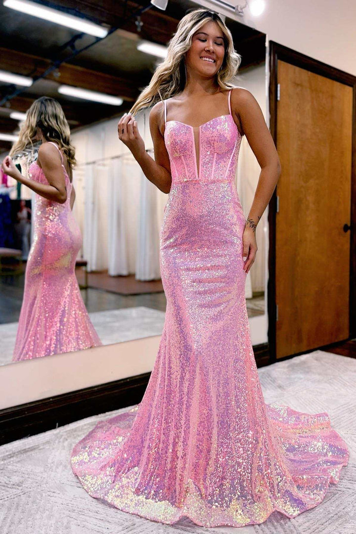 dressimeMermaid Spaghetti Straps Sequin Long Prom Dresses 