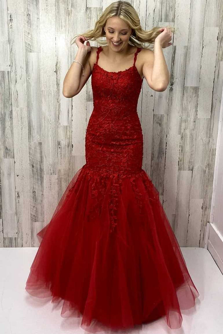 dressimeMermaid Spaghetti Straps Tulle Prom Dresses With Applique 