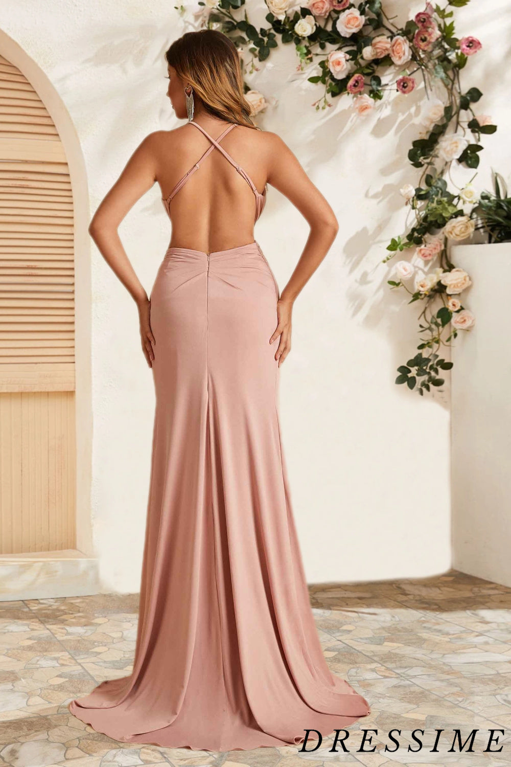 Dressime Mermaid Spaghetti Straps V Neck Floor Length Bridesmaid Dress With Slit dressime