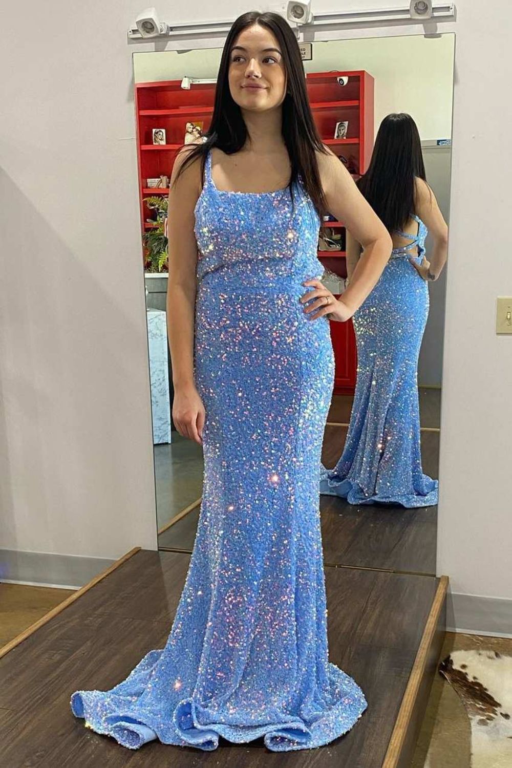 Dressime Mermaid Square Neck Straps Sequin Long Prom Dress dressime