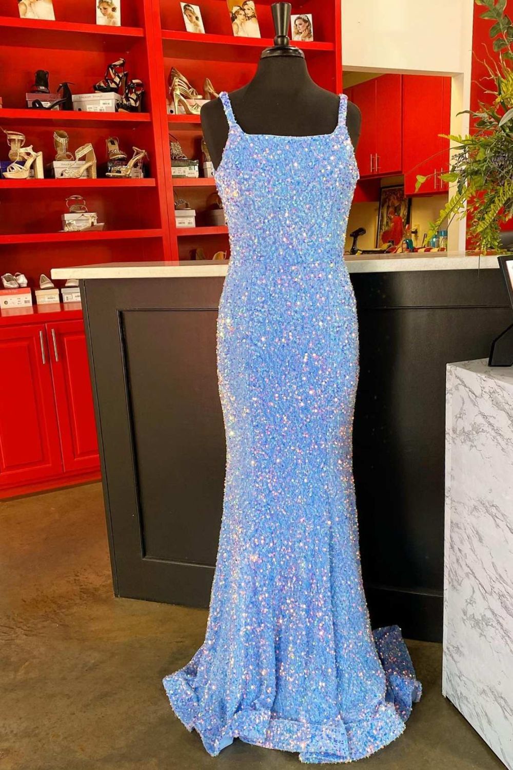 Dressime Mermaid Square Neck Straps Sequin Long Prom Dress dressime