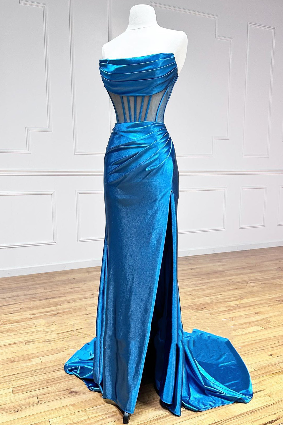 dressimeStrapless Pleated Boning Sheer Long Prom Dress with Slit 