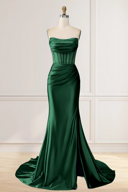 Dressime Mermaid Strapless Pleated Boning Sheer Long Prom Dress with Slit dressime