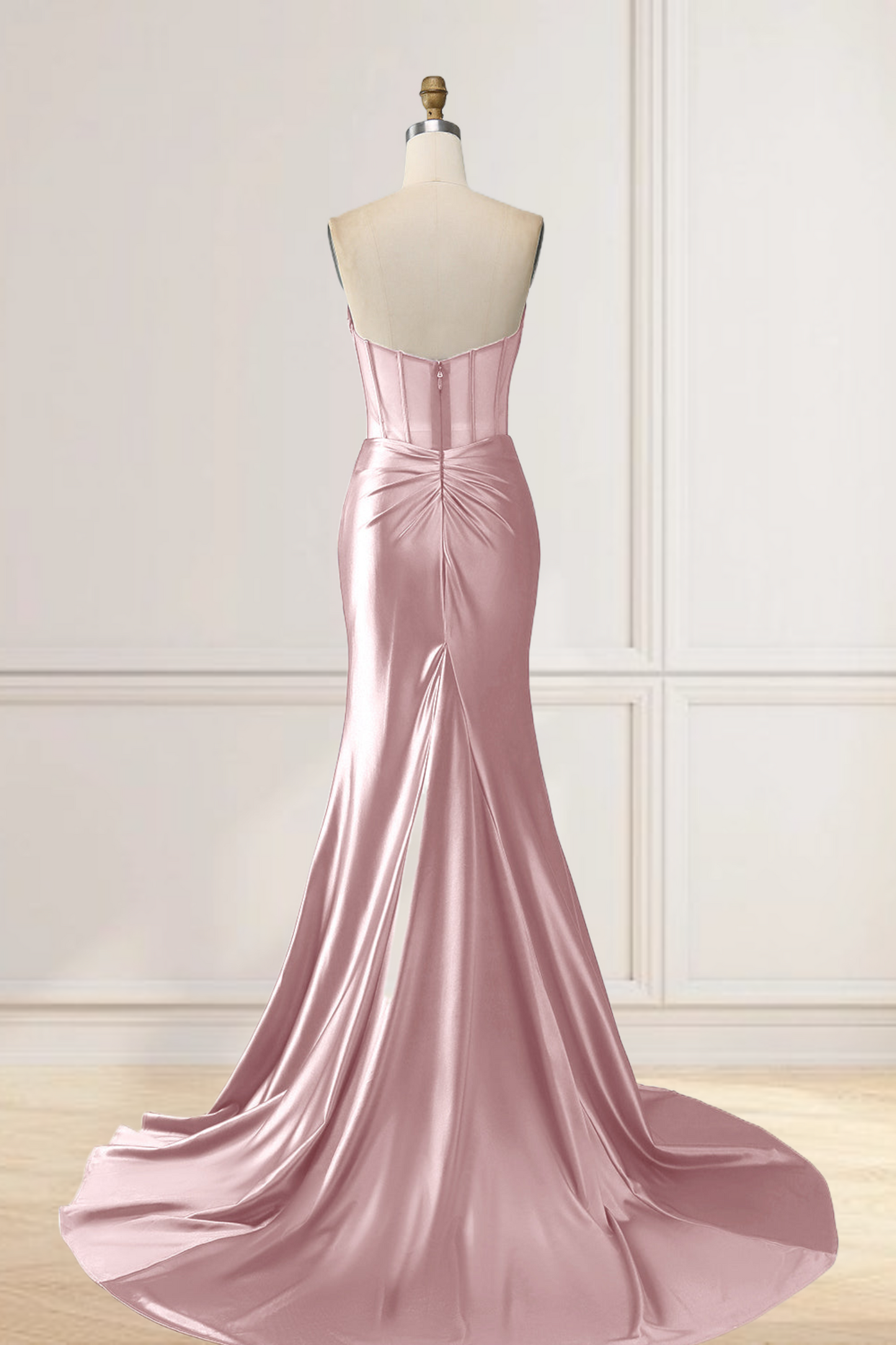 Dressime Mermaid Strapless Pleated Boning Sheer Long Prom Dress with Slit dressime