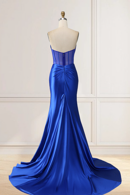 Dressime Mermaid Strapless Pleated Boning Sheer Long Prom Dress with Slit dressime