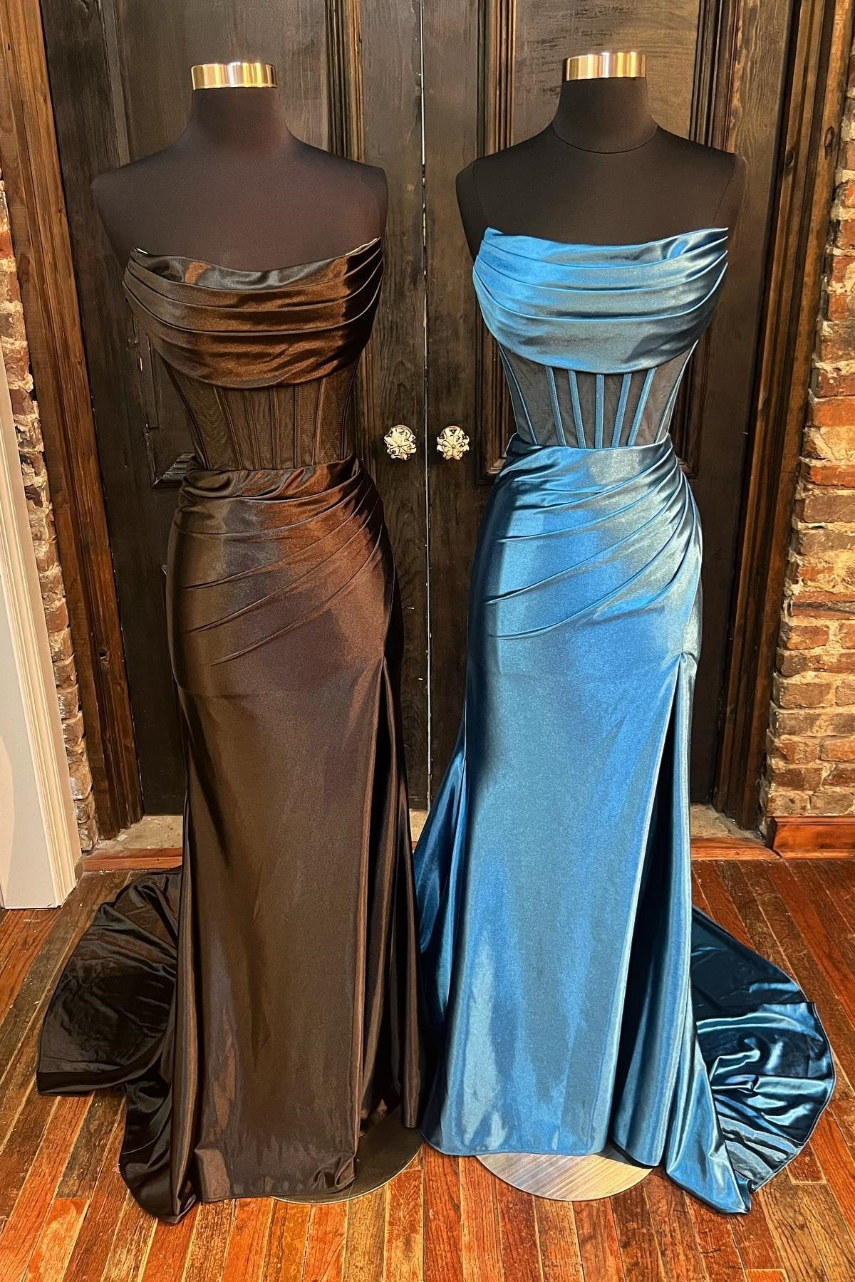 dressimeStrapless Pleated Boning Sheer Long Prom Dress with Slit 