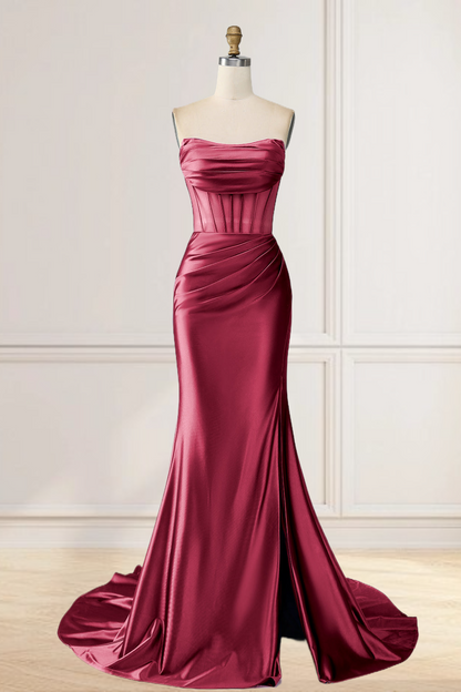 Dressime Mermaid Strapless Pleated Boning Sheer Long Prom Dress with Slit dressime