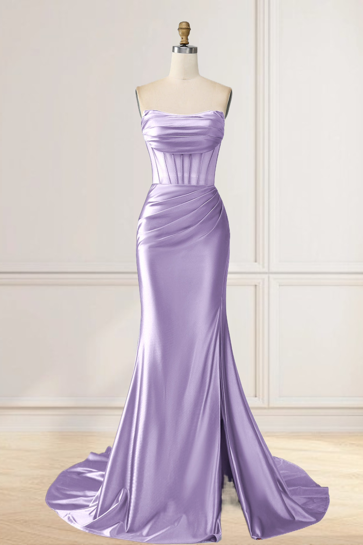 Dressime Mermaid Strapless Pleated Boning Sheer Long Prom Dress with Slit dressime