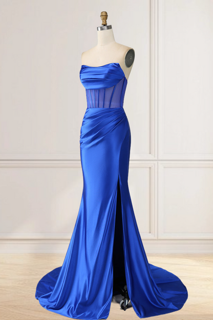 Dressime Mermaid Strapless Pleated Boning Sheer Long Prom Dress with Slit dressime