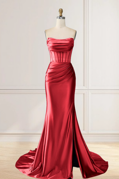 Dressime Mermaid Strapless Pleated Boning Sheer Long Prom Dress with Slit dressime