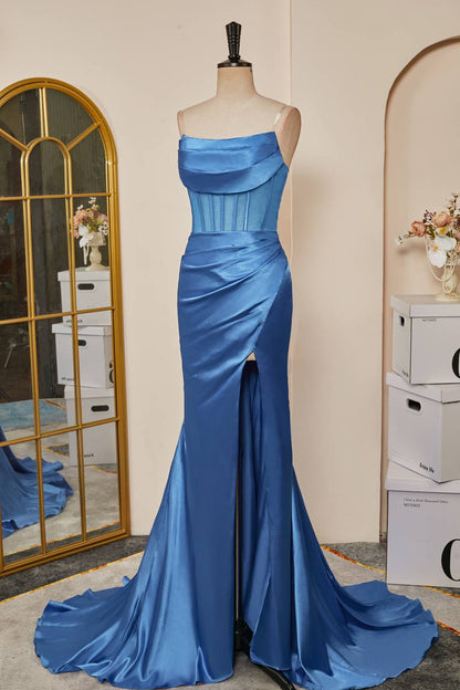 dressimeStrapless Pleated Boning Sheer Long Prom Dress with Slit 