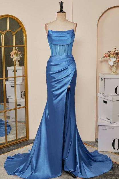 dressimeStrapless Pleated Boning Sheer Long Prom Dress with Slit 