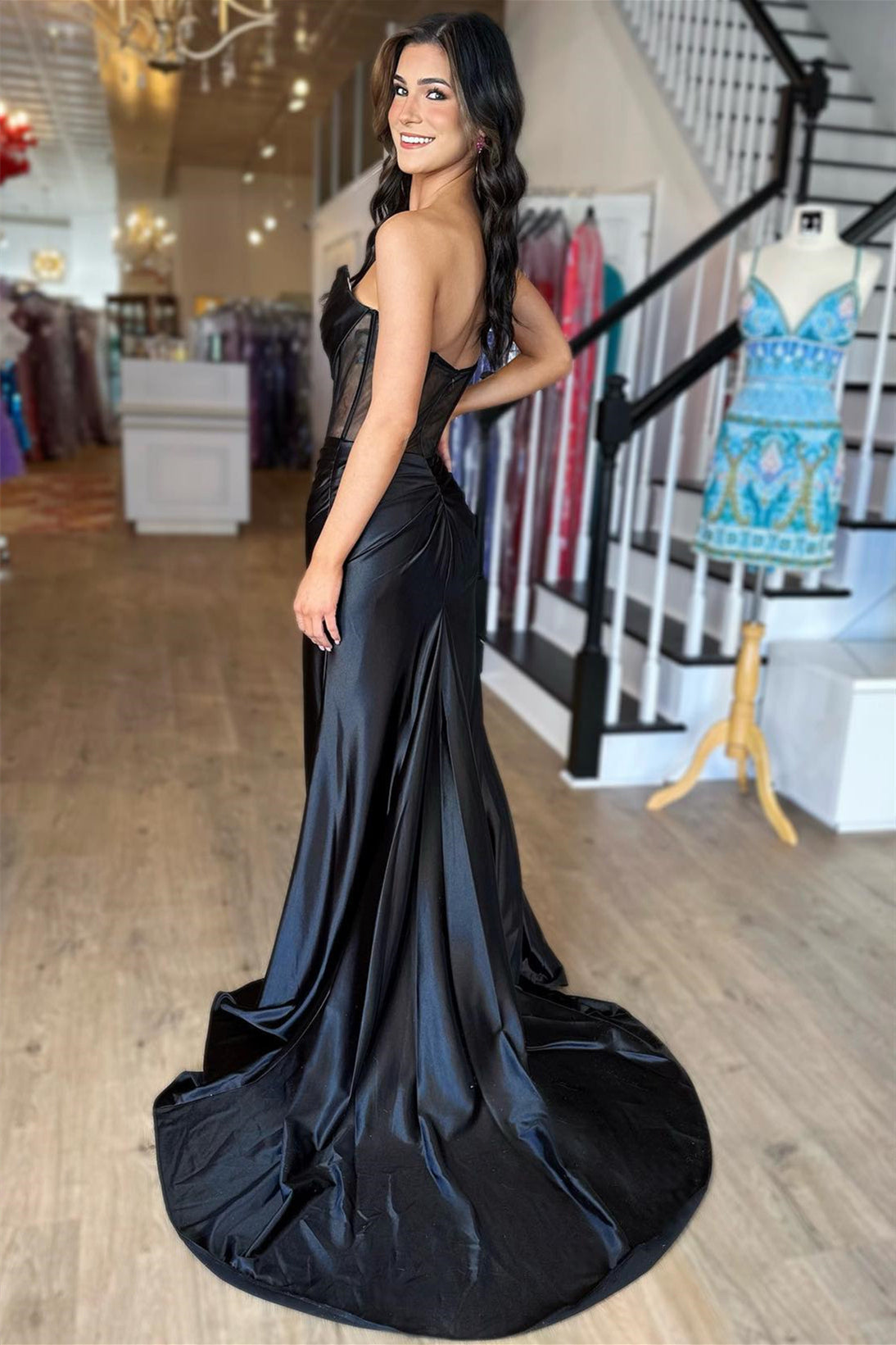 dressimeStrapless Pleated Boning Sheer Long Prom Dress with Slit 