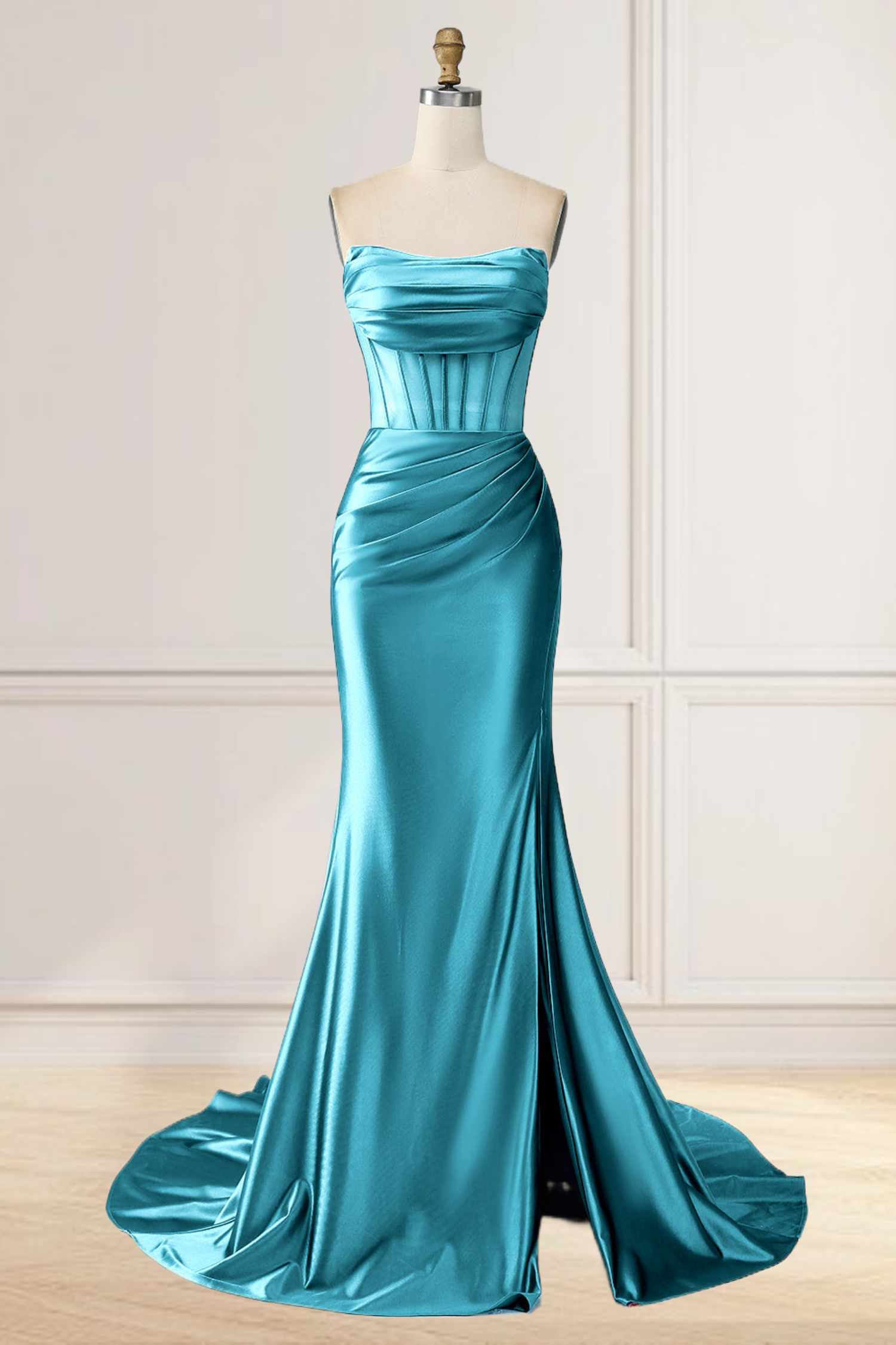 Dressime Mermaid Strapless Pleated Boning Sheer Long Prom Dress with Slit dressime