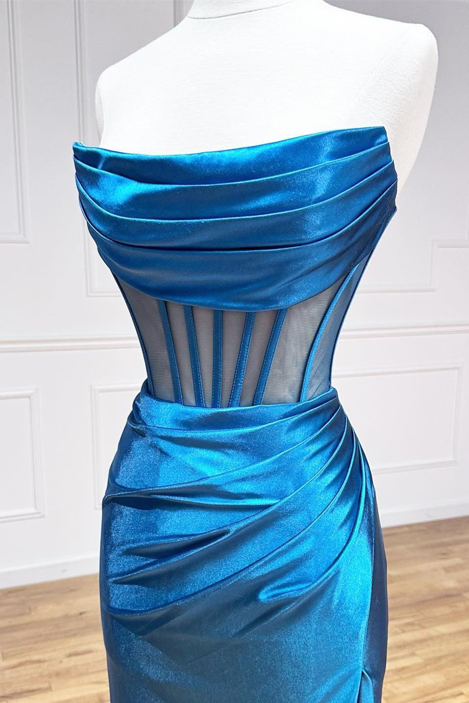 dressimeStrapless Pleated Boning Sheer Long Prom Dress with Slit 