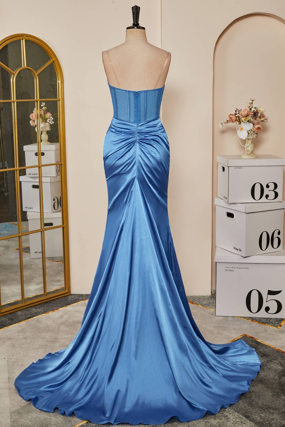 dressimeStrapless Pleated Boning Sheer Long Prom Dress with Slit 