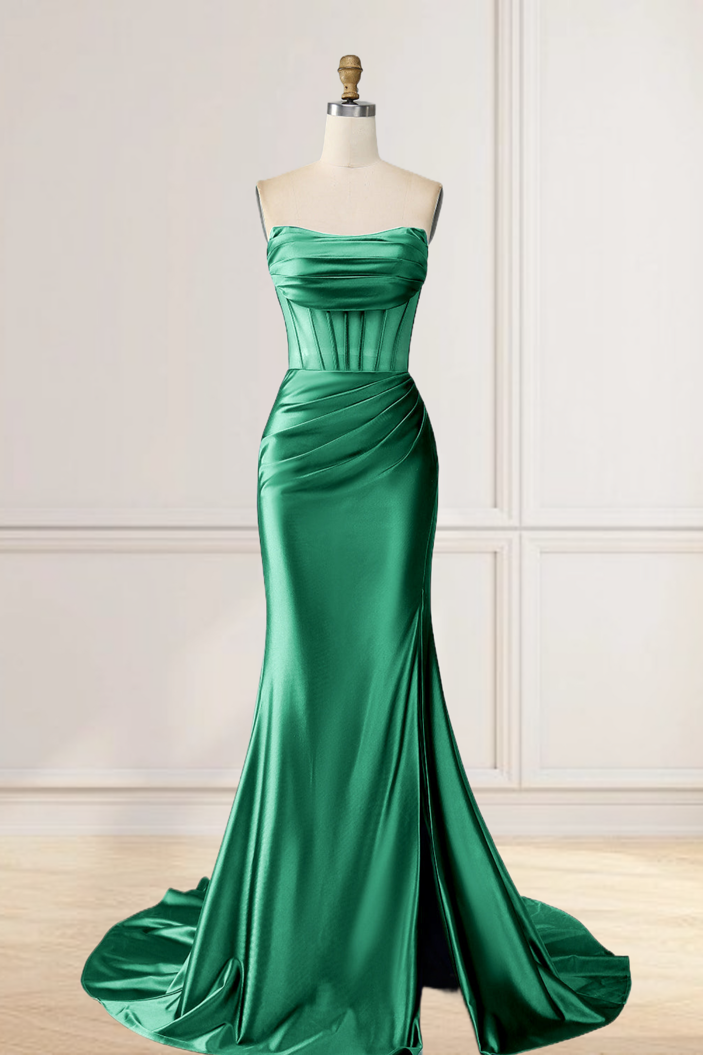 Dressime Mermaid Strapless Pleated Boning Sheer Long Prom Dress with Slit dressime