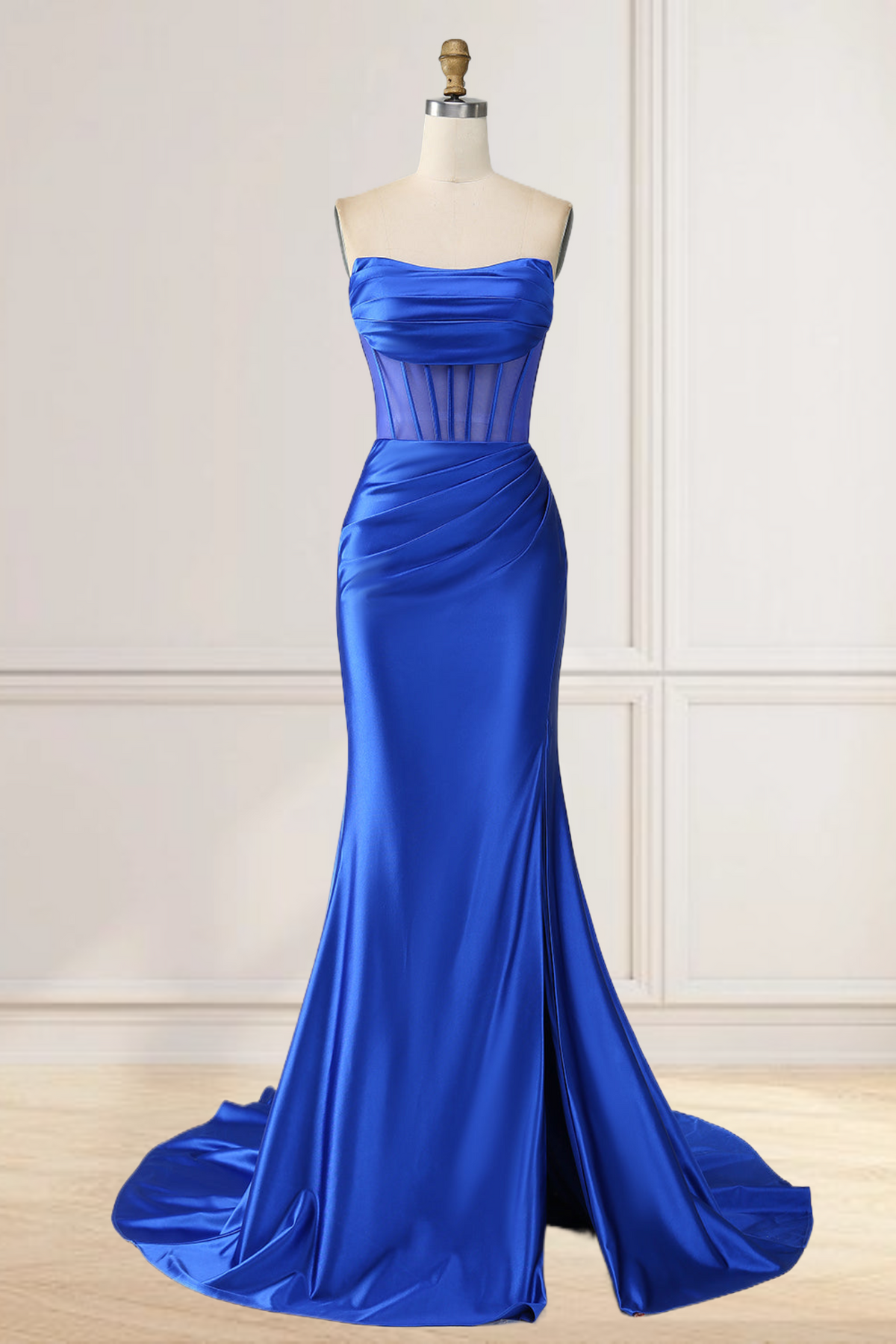 Dressime Mermaid Strapless Pleated Boning Sheer Long Prom Dress with Slit dressime