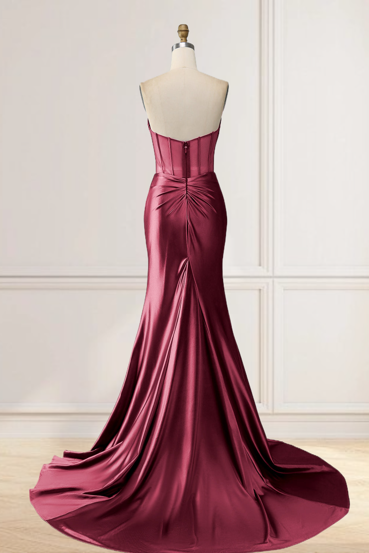 Dressime Mermaid Strapless Pleated Boning Sheer Long Prom Dress with Slit dressime