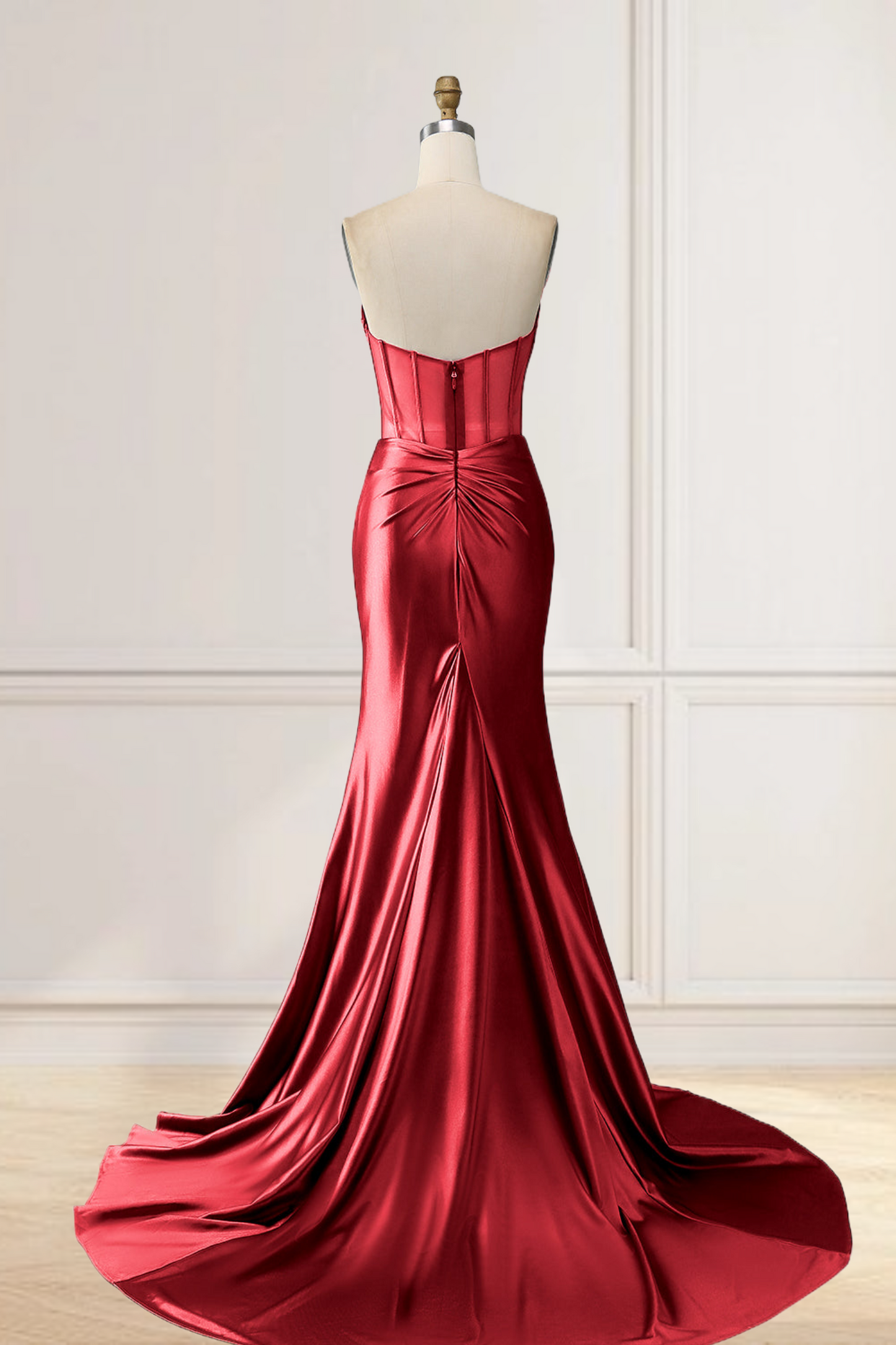 Dressime Mermaid Strapless Pleated Boning Sheer Long Prom Dress with Slit dressime