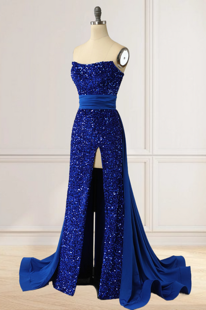 Dressime Mermaid Strapless Sequin Slit Long Prom Evening Dress With Train dressime