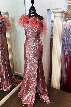 dressimeMermaid Strapless Sequins Slit Long Prom Dress with Feathers 