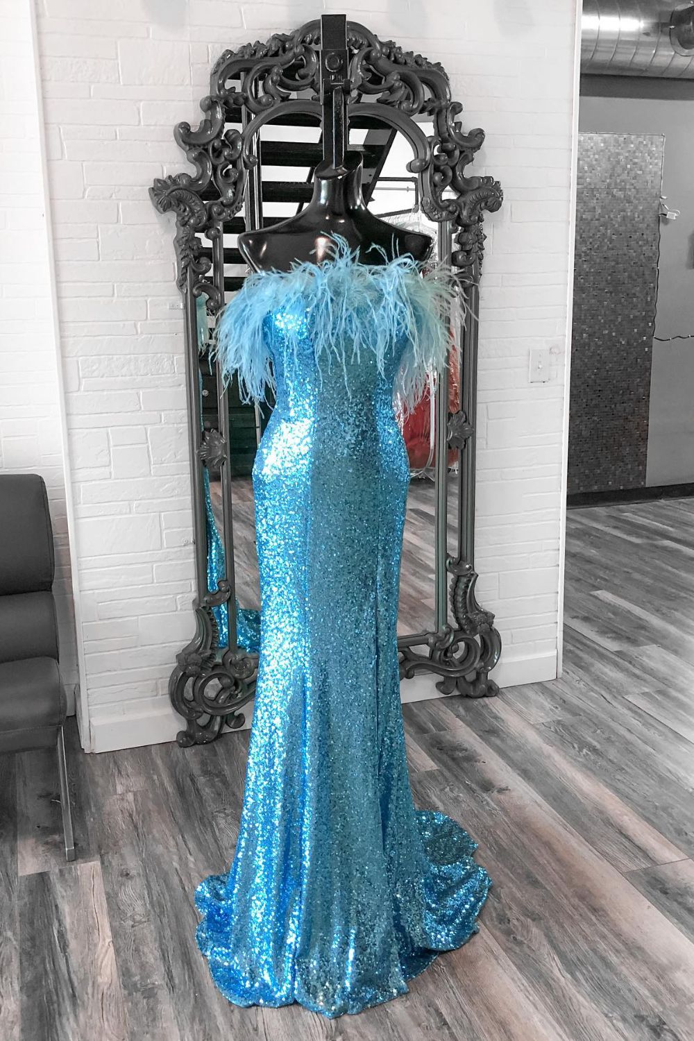 Dressime Mermaid Strapless Sequins Slit Long Prom Dress with Feathers dressime