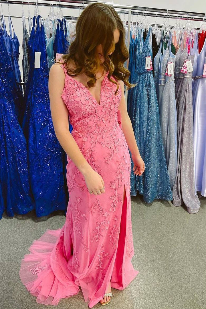 dressimeMermaid Straps Lace Appliques Long Prom Dresses with Slit 