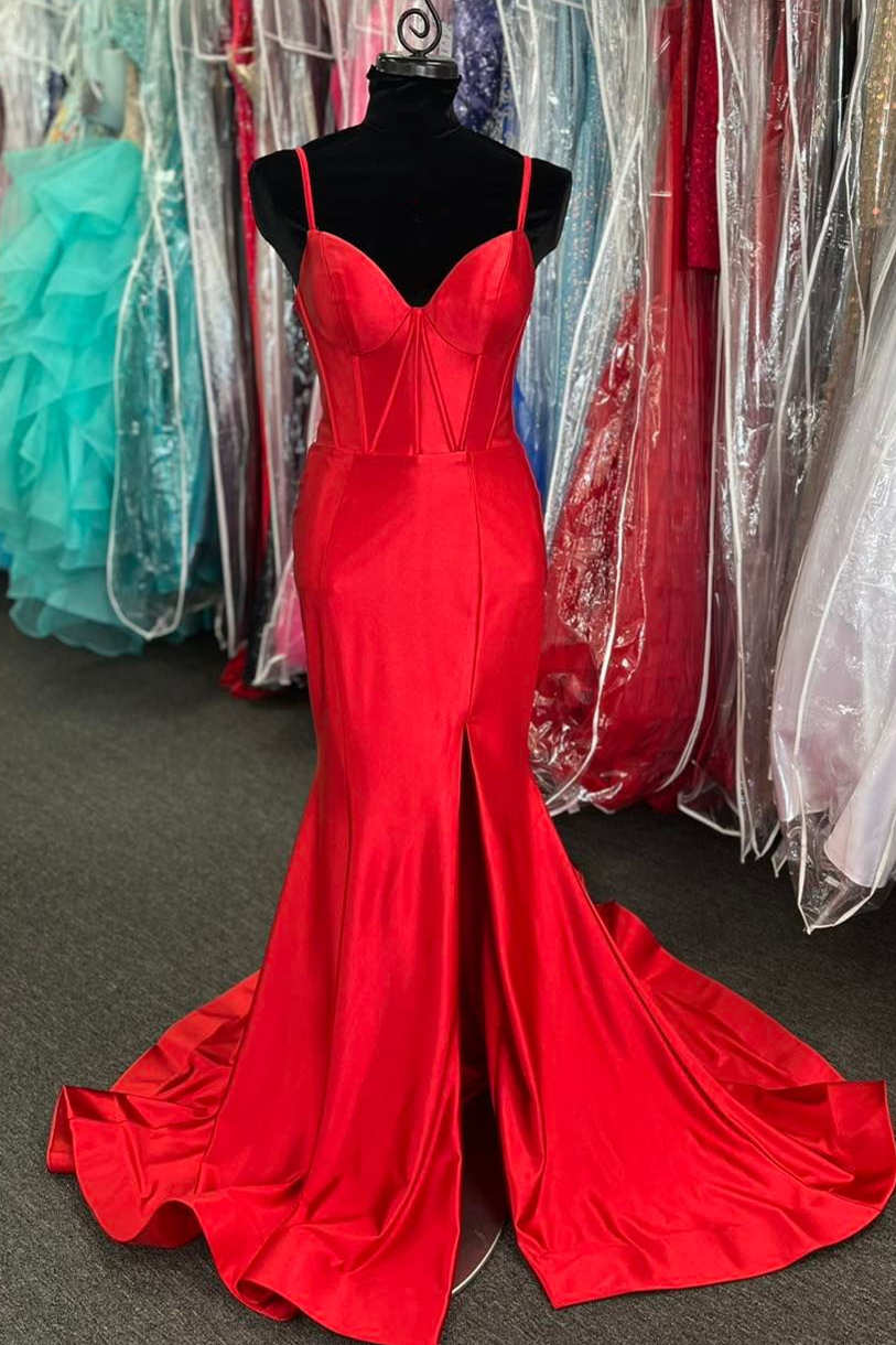 Dressime Mermaid Straps Satin Long Prom Dress With Slit dressime