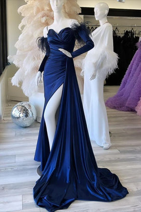 dressimeMermaid Sweetheart Pleated Long Sleeves Prom Dresses with Slit Feather 