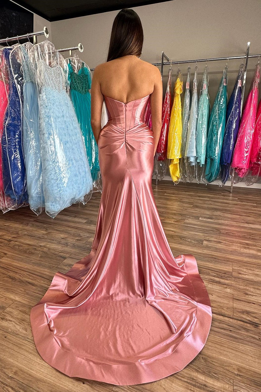 dressimeMermaid Sweetheart Ruching Trumpet Long Prom Dresses with Slit 