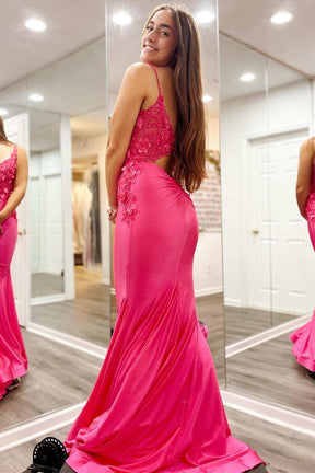 dressimeMermaid V Neck 3D Floral Lace Backless Trumpet Prom Dress 