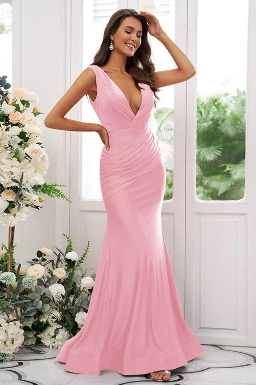 dressimeMermaid V Neck Backless Ruched Bridesmaid Dresses 