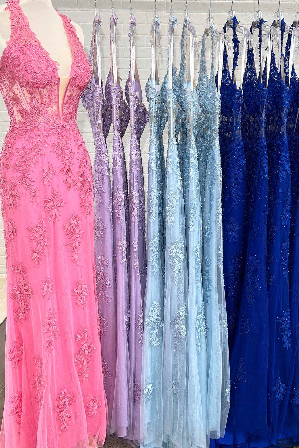 dressimeMermaid V Neck Halter Lace Corset Slit Long Prom Dresses with Appliques 