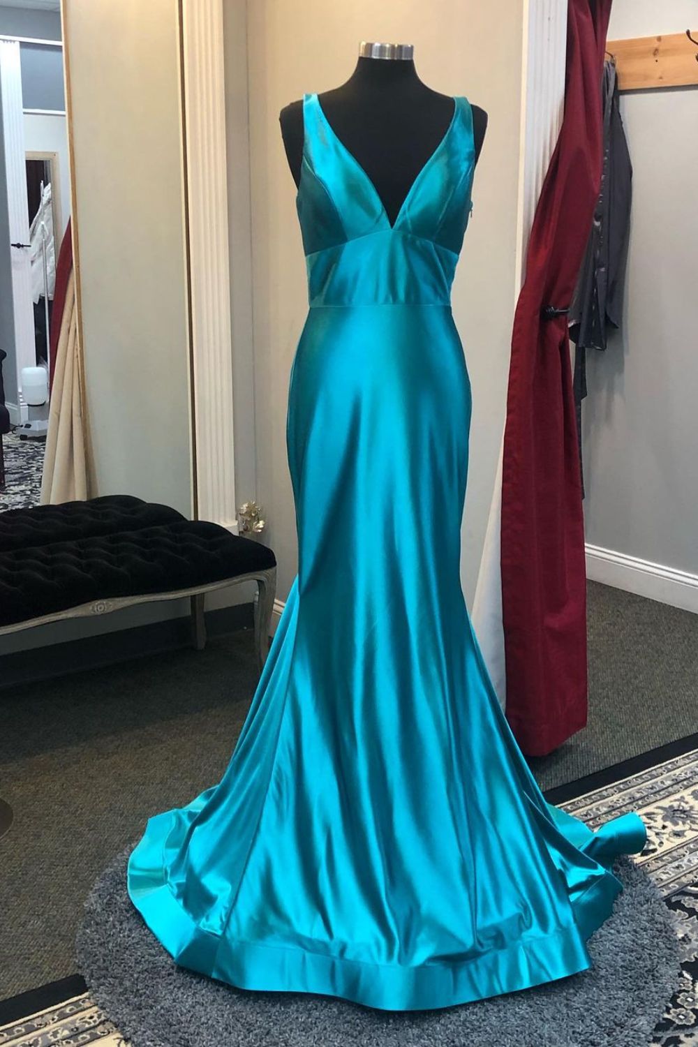 Dressime Mermaid V Neck Satin Backless Long Prom Dress dressime