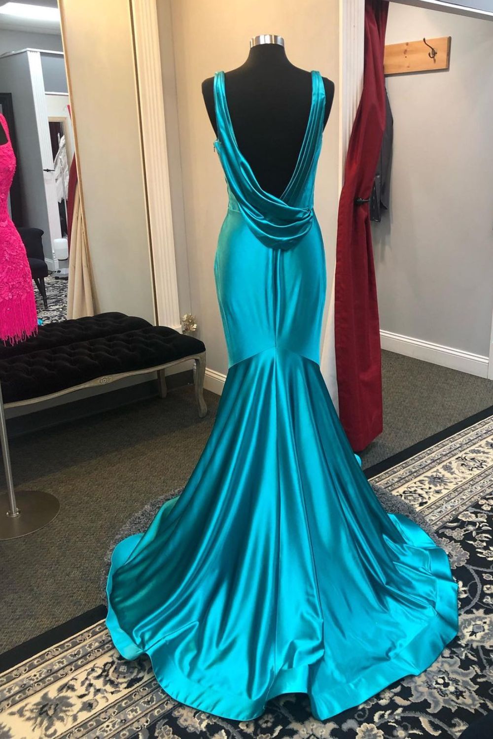 Dressime Mermaid V Neck Satin Backless Long Prom Dress dressime