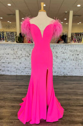 Dressime Mermaid V Neck Slit Long Prom Dress With Feathers dressime