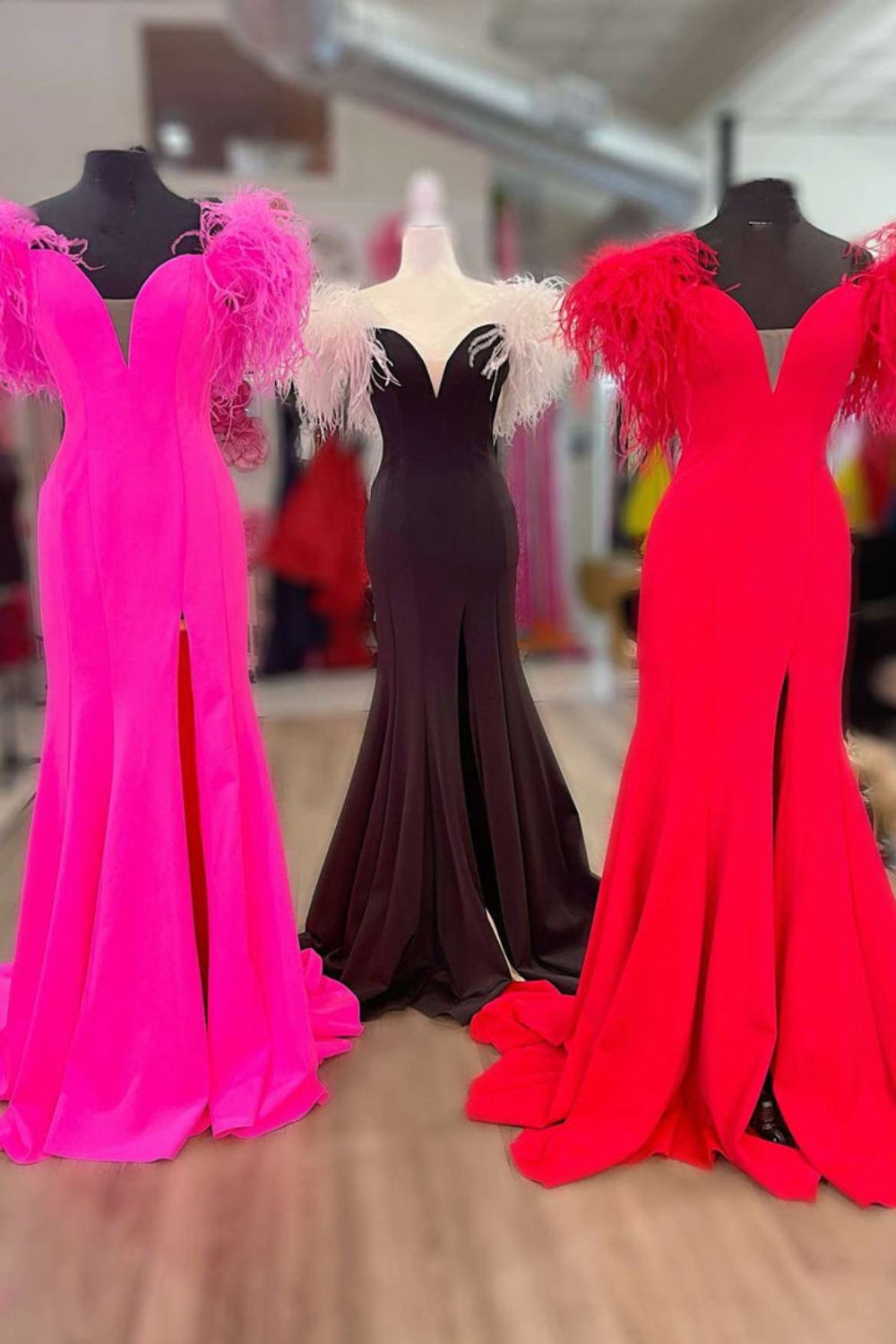 Dressime Mermaid V Neck Slit Long Prom Dress With Feathers dressime