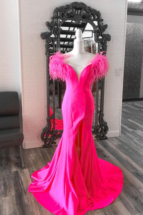 Dressime Mermaid V Neck Slit Long Prom Dress With Feathers dressime