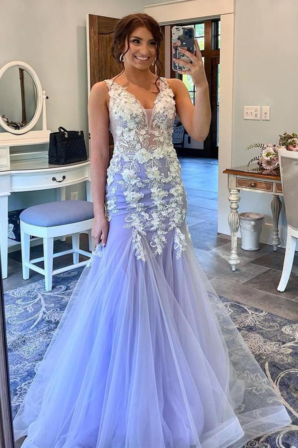 Dressime Mermaid V Neck Tulle Long Prom Dresses with Appliques dressime