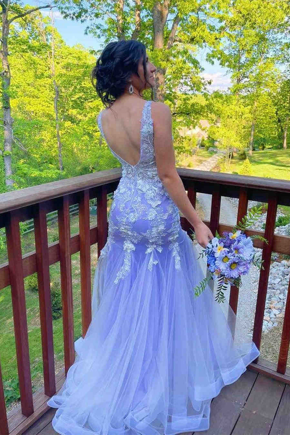 Dressime Mermaid V Neck Tulle Long Prom Dresses with Appliques dressime