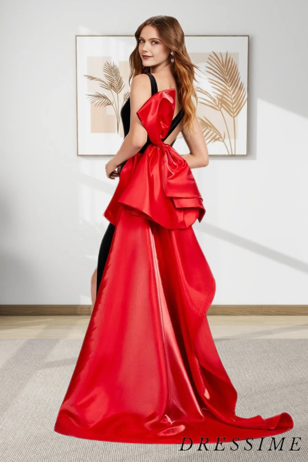 Dressime Mermaid V Neck Velvet Bow-Back Long Prom Dress with Slit dressime