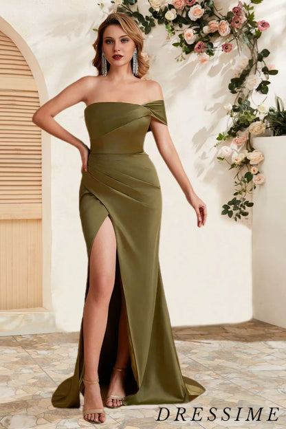 Dressime Modern Mermaid One Shoulder Satin Pleats Long Bridesmaid Dress With Slit dressime