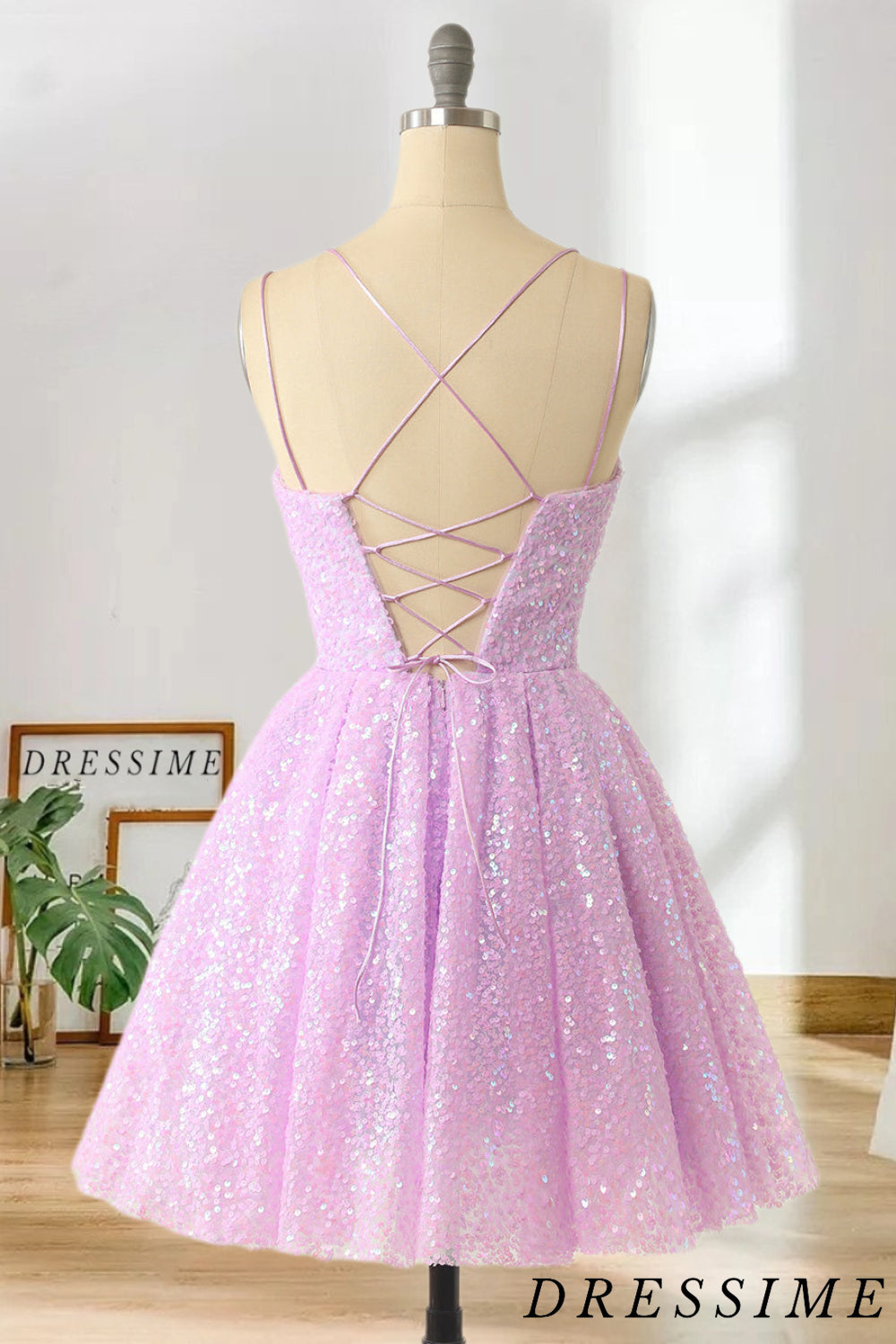 Dressime New Arrival Sequins Pink Above Knee A Line Spaghetti Straps Homecoming Dresses Short Cocktail Dresses dressime