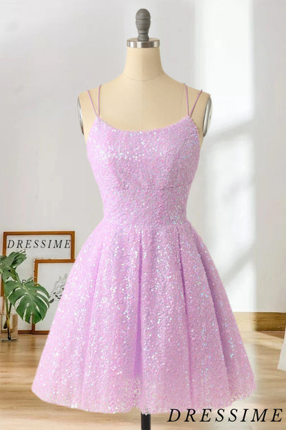 Dressime New Arrival Sequins Pink Above Knee A Line Spaghetti Straps Homecoming Dresses Short Cocktail Dresses dressime