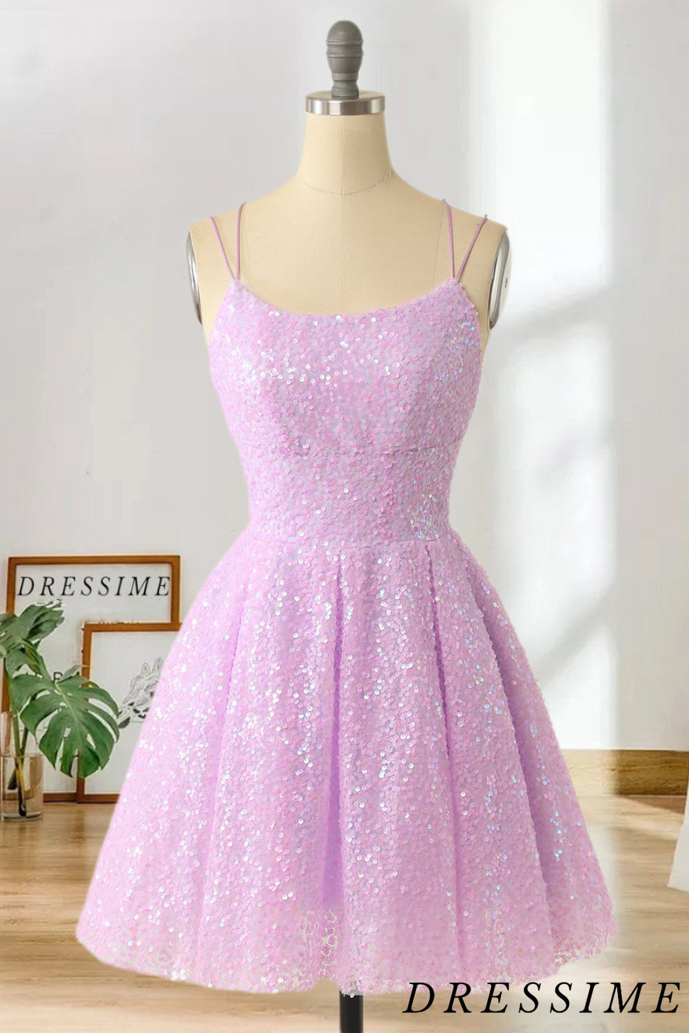 Dressime New Arrival Sequins Pink Above Knee A Line Spaghetti Straps Homecoming Dresses Short Cocktail Dresses dressime