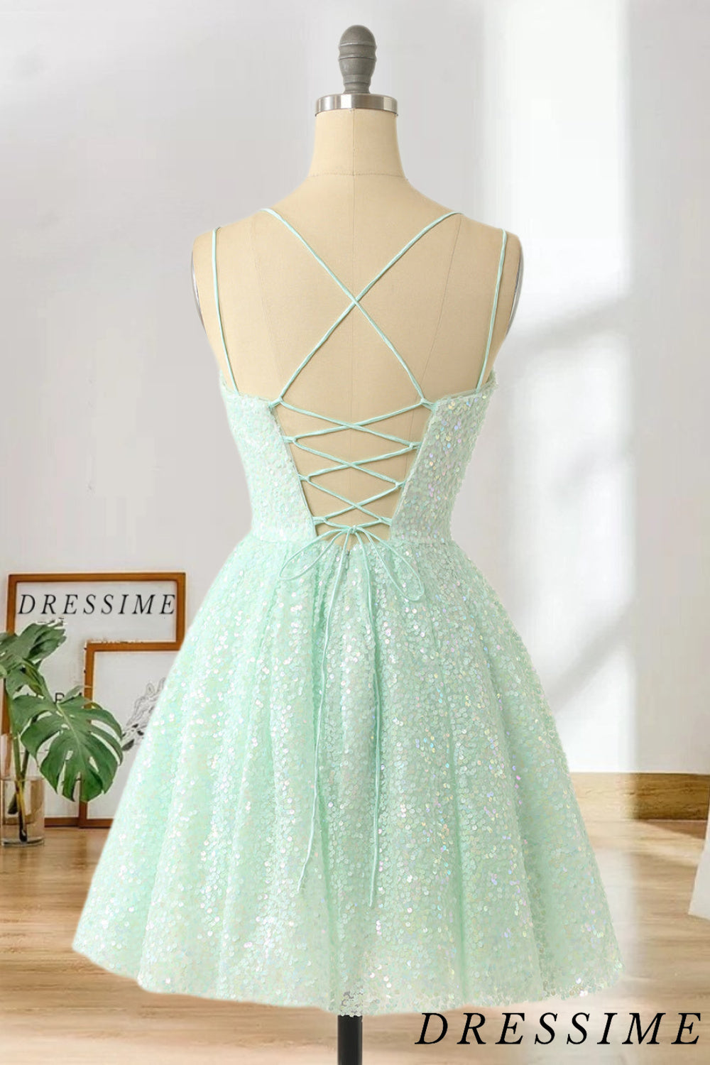 Dressime New Arrival Sequins Pink Above Knee A Line Spaghetti Straps Homecoming Dresses Short Cocktail Dresses dressime