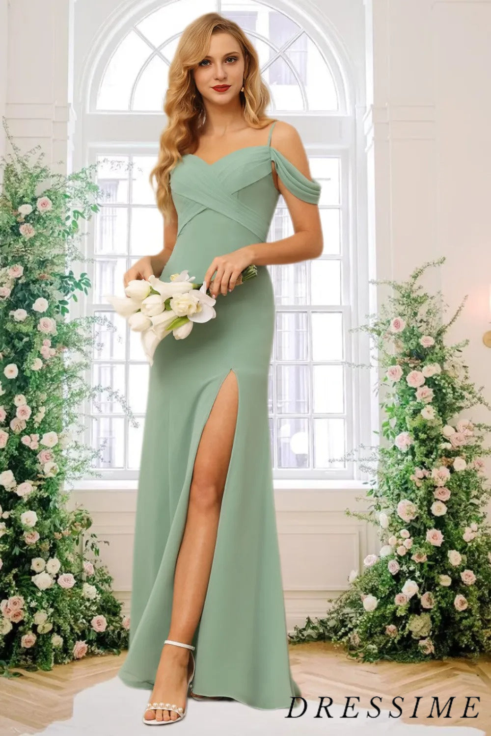 Dressime New Arrival Sheath Off The Shoulder Slit Bridesmaid Dresses dressime