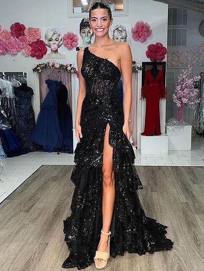 dressimeNew Style One Shoulder A Line Tulle Sequin-Embroidery Tiered Prom Dresses with Slit 