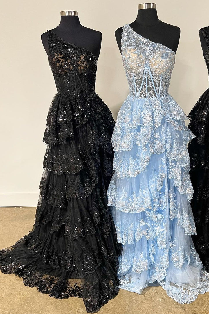 dressimeNew Style One Shoulder A Line Tulle Sequin-Embroidery Tiered Prom Dresses with Slit 